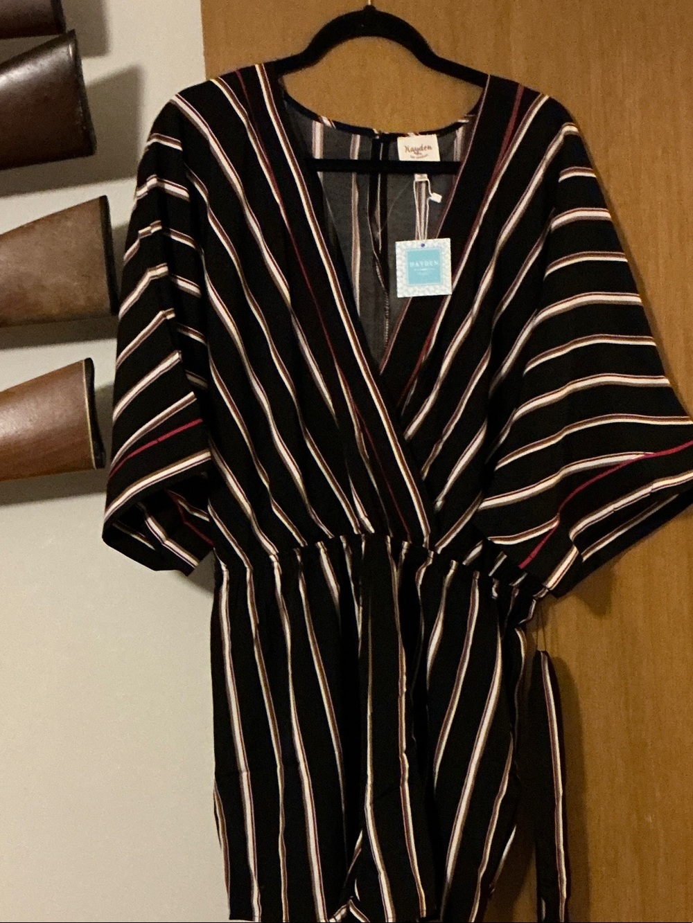 Hayden Black Striped Wrap Jumpsuit with Pink and Cream Stripes
